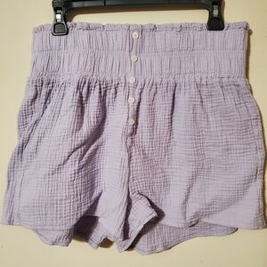 Smocked High Waist Lavender Cotton Gauze Shorts Lavender Purple Button Detail